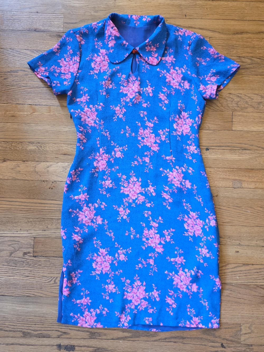 Blue Cheongsam Mini Dress with Peter Pan Collar And Side Slit